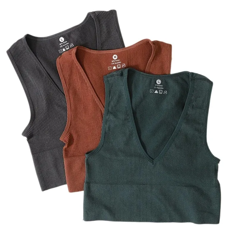 Damen-Crop-Top mit tiefem V-Ausschnitt, einfarbig, schmale Passform, Tank-Top, dehnbar, ärmellos, lässig, geripptes Strick-BH-Top, tief geschnittenes Leibchen, M-XL — image 2