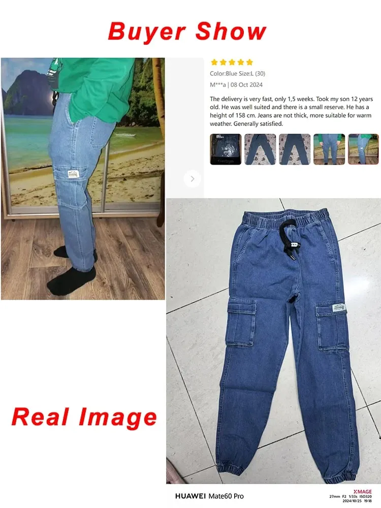Celana Jeans Jogger Pria Celana Kargo Denim Multi Saku Agak Melar Bahan Katun Dicuci Ukuran Asia L-6XL — image 3
