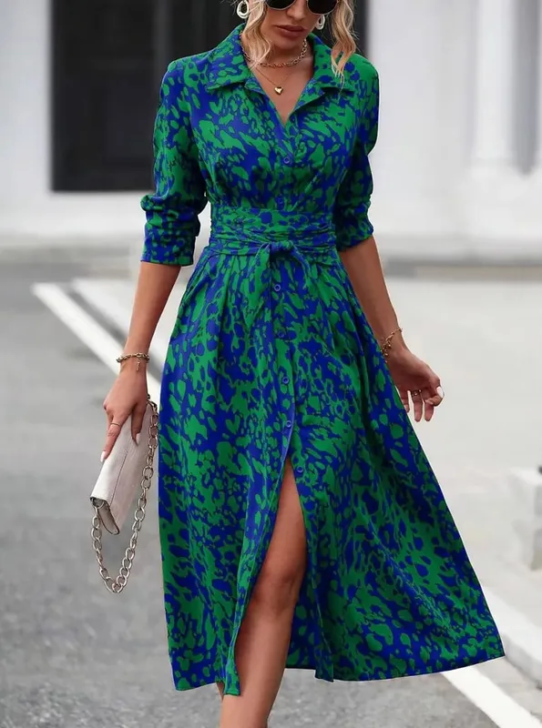 Abito elegante camicia abbottonata con stampa casuale Abito longuette da donna a maniche lunghe con cintura in vita Abito casual da ufficio primaverile autunnale — image 7