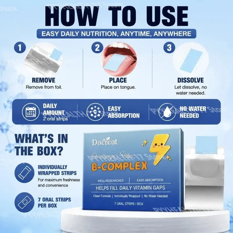 Docteat B-Complex Tiras de disolución oral Apoya el metabolismo energético y la salud de los nervios Ayuda a llenar los vacíos vitamínicos diarios 7 tiras — image 5