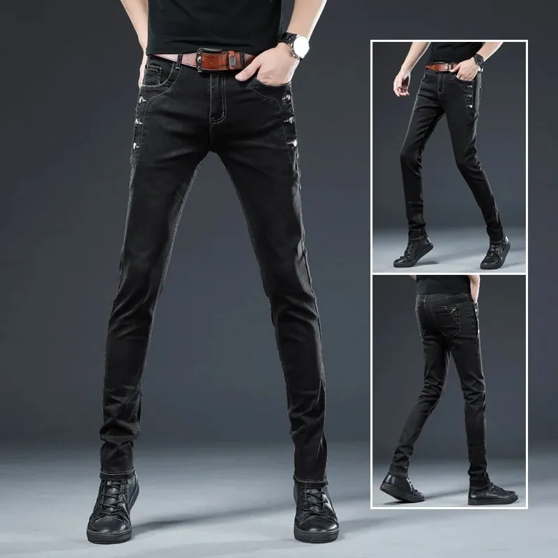 Nye Mænd Slim Button Sort Skinny Jeans Ensfarvet Stretch Skateboard Multi-knap Youth Mandlige denimbukser — image 6