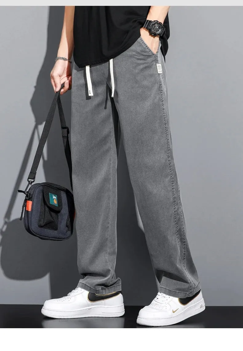 S-5XL 6Style Men's Loose Jeans Summer Soft Lyocell Thin Fabric Straight Pants Drawstring Elastic Waist Korea Casual Trousers Y2K — image 8