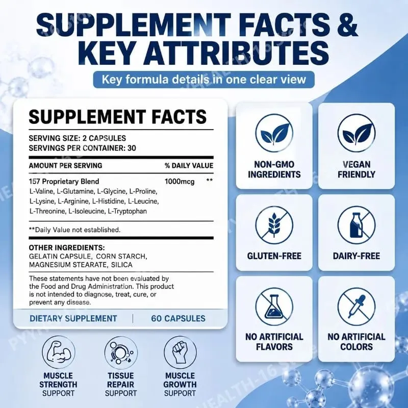 157 Recovery Complex Capsules พร้อม L-Valine และ L-Glutamine สำหรับการฟื้นฟูสนับสนุนการเจริญเติบโตของกล้ามเนื้อ Amino Blend 1,000 Mcg 60 แคปซูล — image 2