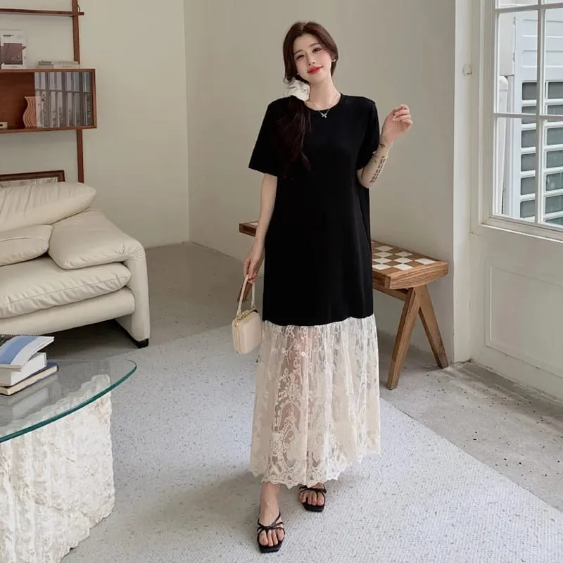 plus Size Women's Lave Patchwork Dress Summer 2026 Loose Long Dresses Robe Elbise Short Sleeve Korean Style Floral Hem