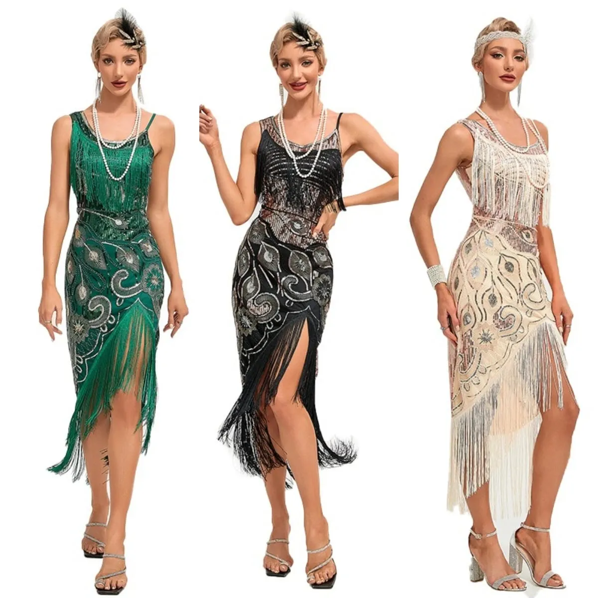Sequin Dress 1920s Retro Tassel Peacock Pattern Dress Great Gatsby Cocktail Party Charleston Dance Dress Ball Long Evening Dress — image 2