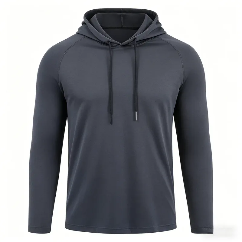 Baju Pelindung Matahari Lelaki Hoodie Lengan Panjang Pepejal Kemeja-T Cepat Kering Lelaki Bina Badan Kecergasan Otot Pakaian Sukan Pakaian Gim
