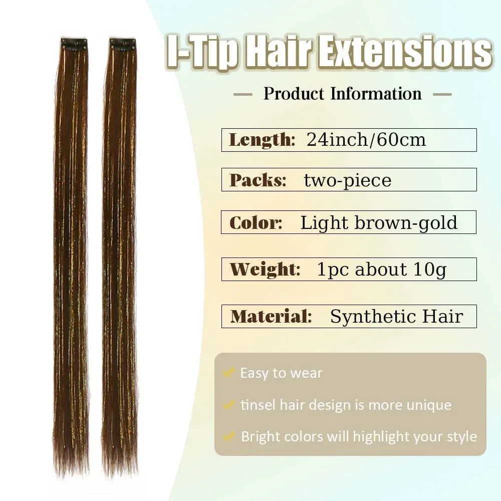 2PCS light brown with tinsel Hair Extensions 24inch Sparkling Hair Clips Multicolored Clip In On Hair Extension Synthetic Hair — image 3