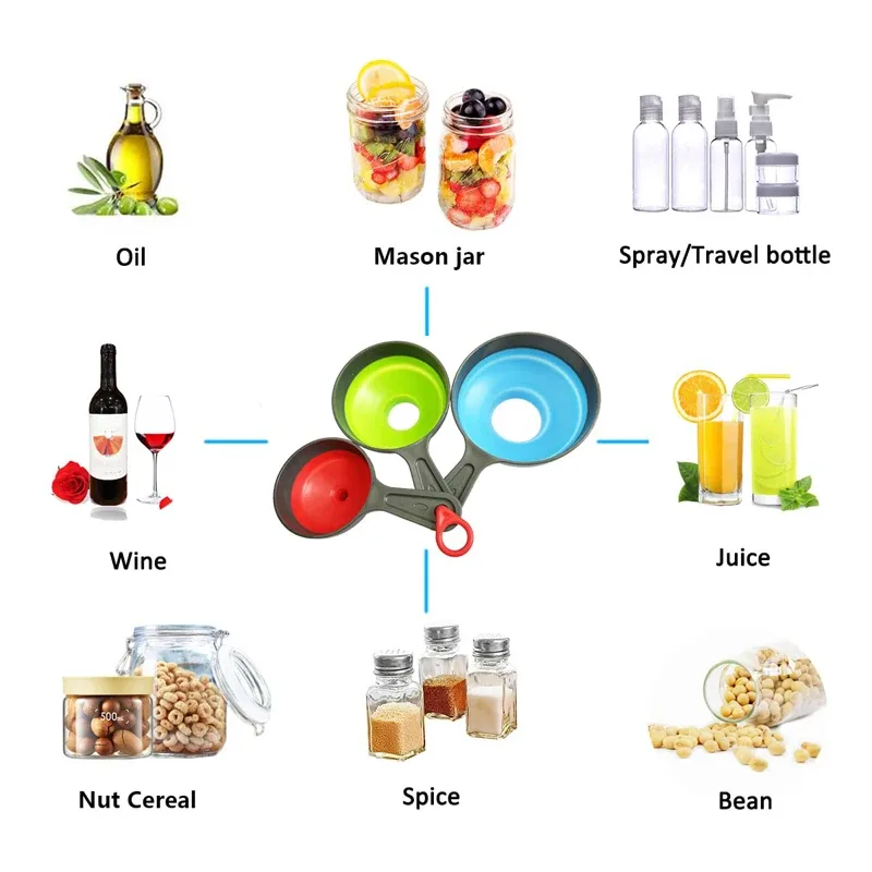 3 pièces/ensemble avec 3 tailles entonnoir de cuisine en Silicone pliant télescopique entonnoir poudre liquide large bouche confiture entonnoir ustensiles de cuisine