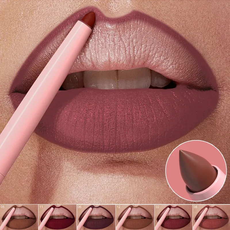 12 สี Matte สีแดงสีน้ำตาล Lipliner ดินสอกันน้ำ Non-stick Cup Slim ลิปสติก Make Up Nude Pink Lip Liner เค้าร่าง Lip Contour — image 2