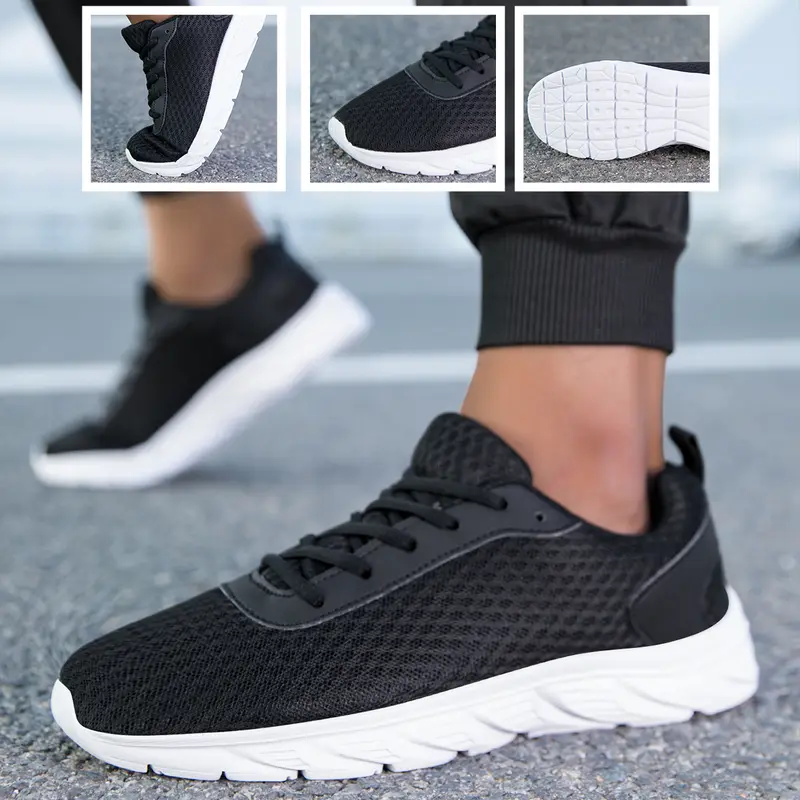 Scarpe da ginnastica da uomo nere solide Tomaia in maglia cava Suola antiscivolo Suola leggera Allenamento da jogging Calzature sportive da viaggio quotidiane casuali — image 1