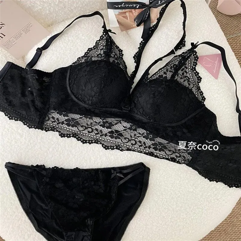 French Lace Wide Strap Thick Top Inner Lace Layer No Underwire Bra Set Petite Women Small Bust Comfort Lingerie Set 32-38 S-XL — image 5