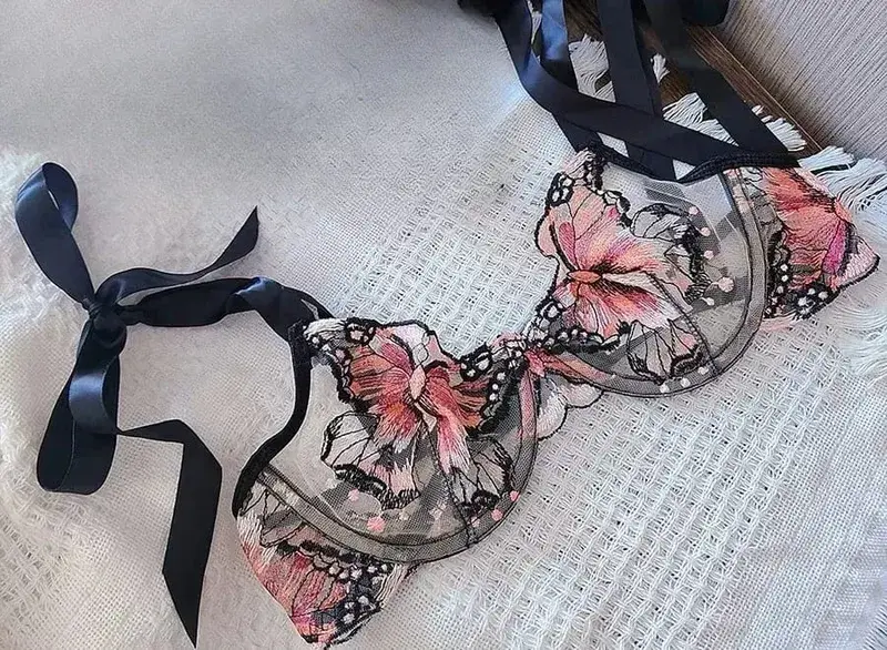 เจียมเนื้อเจียมตัวโรแมนติกลูกไม้ผีเสื้อเย็บปักถักร้อย Sheer ตาข่าย Camisole ชุดนอนผู้หญิงสวมใส่ทุกวัน Push Up ชุดชั้นในชุด 34-40 — image 8