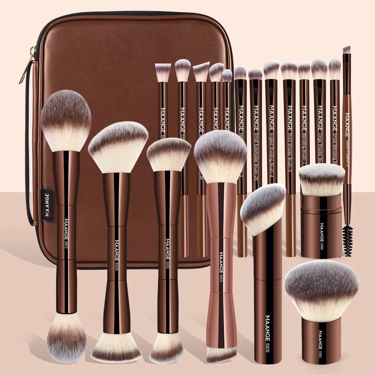 Kit Kuas Rias Pro 20 Buah Kuas dengan Tas Penyimpanan Alas Bedak Ujung Ganda Kuas Eyeshadow Blush Kit Pencampur Kecantikan — image 1