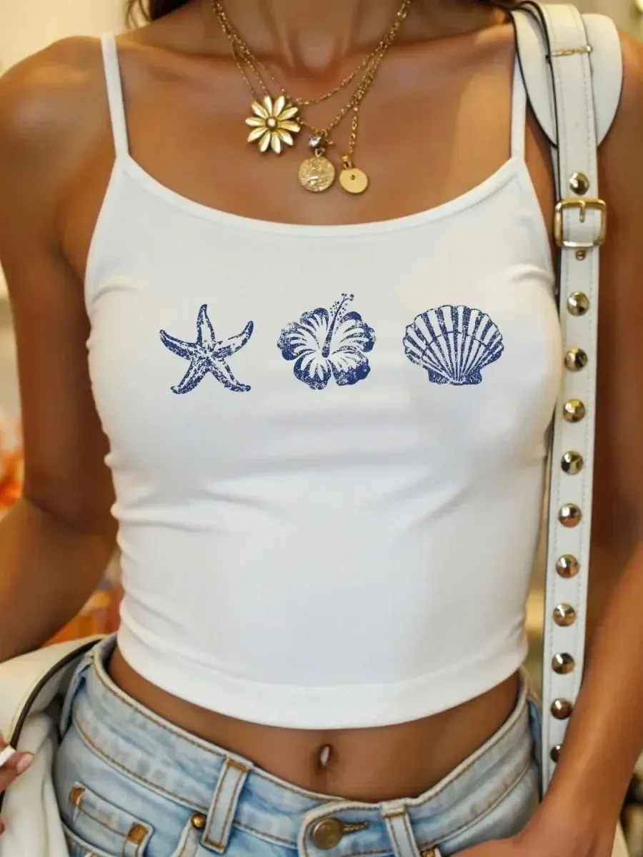 ผู้หญิงเปลือกหอยปลาดาวพิมพ์สปาเก็ตตี้Camisoleฤดูร้อนสบายๆY2K Streetสไตล์Slim Fit Crop Top — image 7