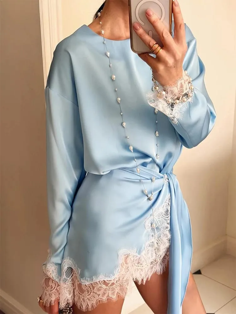 Frauen Elegante Spitze Patchwork Lace-up Kleid Solide Rundhals Volle Hülse Satin Lose Mini Kleider 2026 Frühling Party club Vestido — image 4