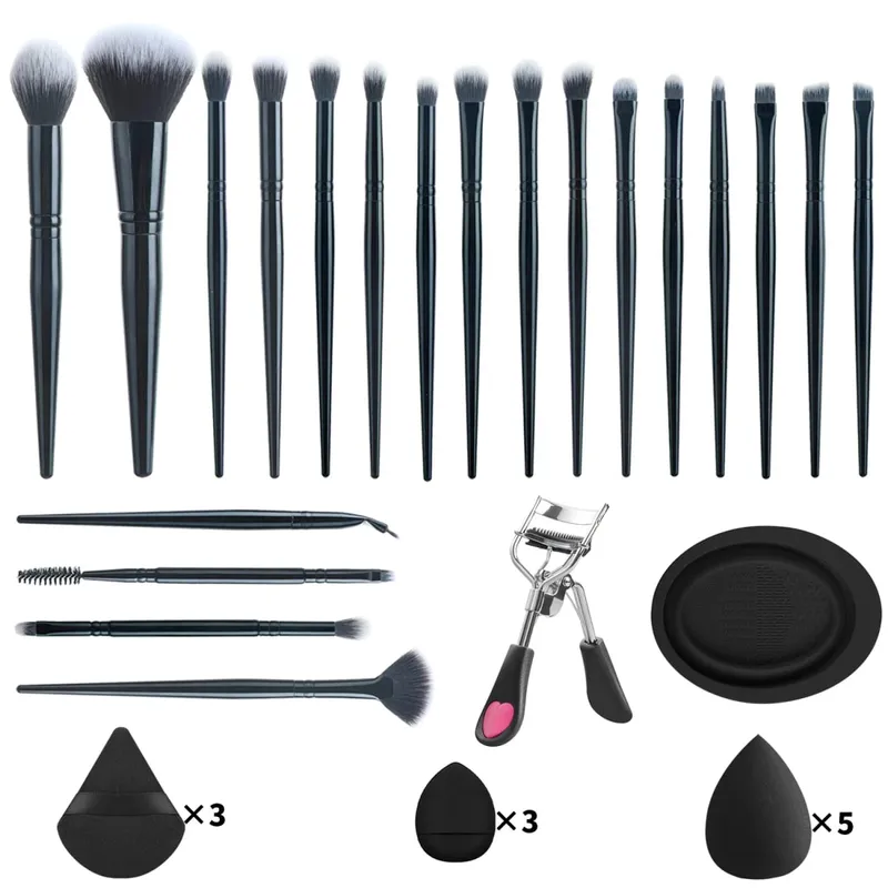 33 Buah Kit Alat Rias 20 Kuas Rias dengan Mangkuk Pembersih Puff Bedak Set Rias Mata Wajah Penuh Penjepit Bulu Mata — image 10