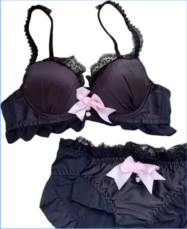 Set reggiseno Lolita Dolce fiocco raccolto Raccolta seni laterali Comodo anello non in acciaio Set reggiseno anti-cedimento con blocco colore — image 1
