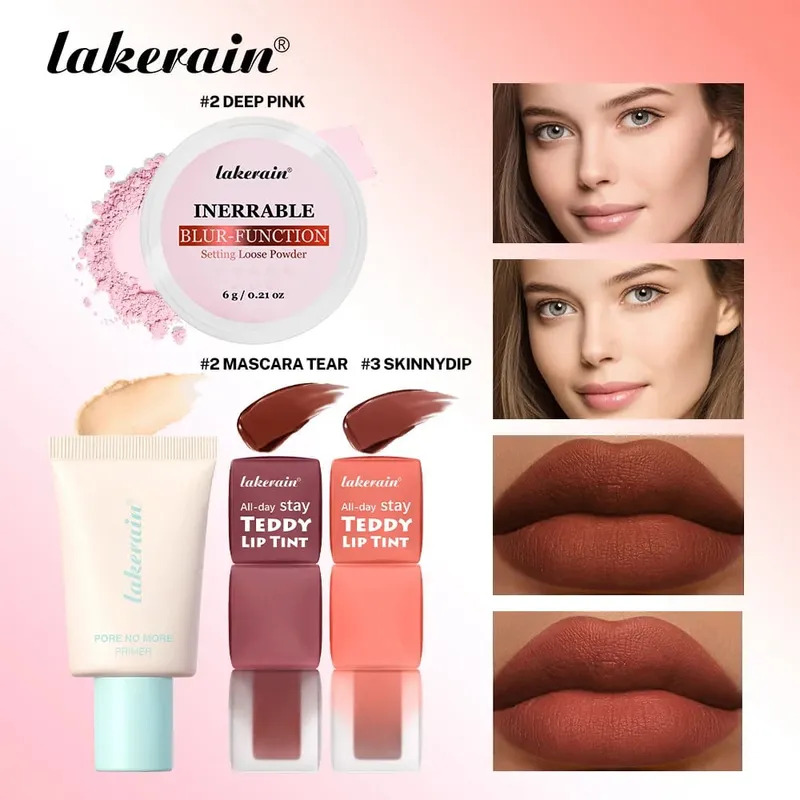 4 teile/satz Pore No More Primer + Lippentönung + Lose Abbindepuder Make-up-Set Matte Langlebige Wasserdichte Wirkung Reise Tragbar