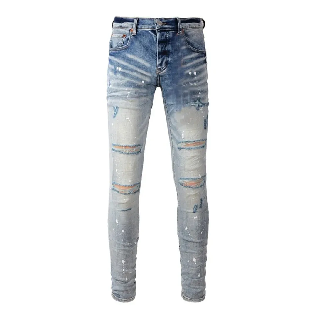 Pantaloni da uomo High Street Jeans American Distressed Nero scuro rivestito bianco elasticizzato con bottoni skinny e pantaloni strappati