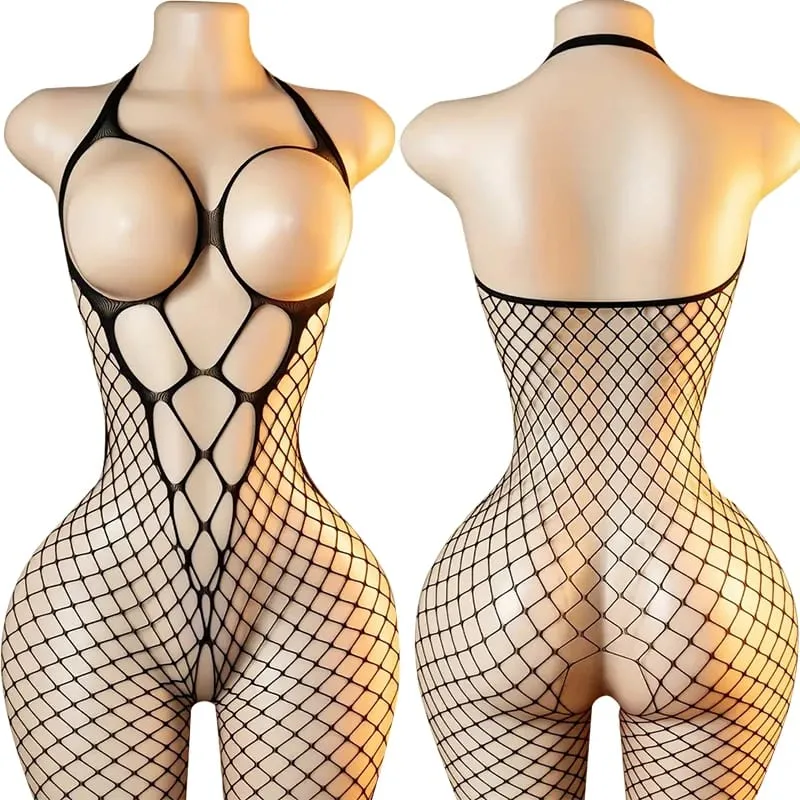 블랙 Fishnet 오프 어깨 오픈 가랑이 Bodystocking 란제리 세트 섹시한 가랑이없는 테디 브래지어 여성의 에로 속옷 — image 17