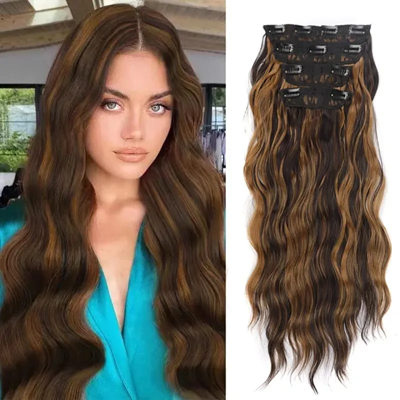 Jeedou pince dans les Extensions de cheveux 4 pièce/ensemble synthétique longs ondulés cheveux épais rebondissant bouclés pleine tête postiche aspect naturel — image 1
