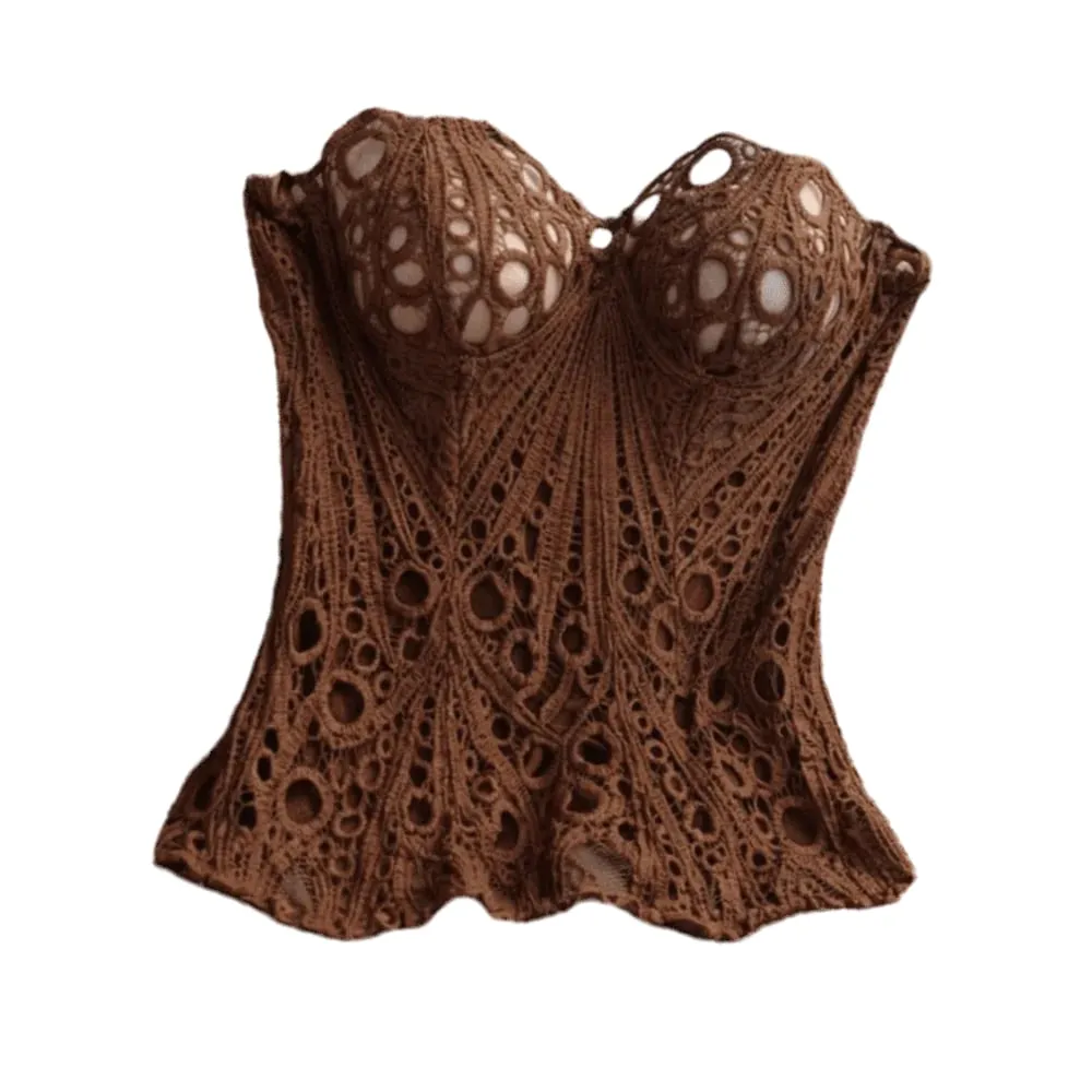 Bustier Ryg Tie Hollow Out Korset Top Uregelmæssig Hem Fiskeben Blonde Korset Mesh Splejsning Kvinder Undertøj Klubtøj