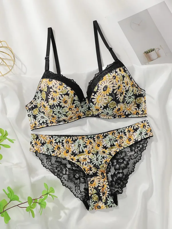 Intimo da donna con motivo crisantemo in pizzo ricamato con cerchi in acciaio Reggiseno push up comodo e traspirante B6017