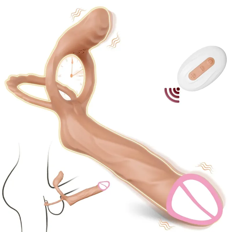 Vibratore a doppia penetrazione per coppia Anello del pene Anello del rubinetto dello sperma Ingrandimento del pene Vibrazione ritardata Giocattoli del sesso per uomini adulti