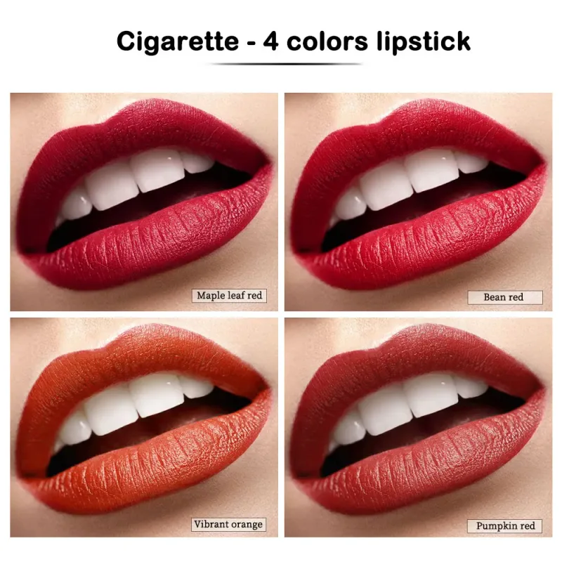 Ensemble de rouges à lèvres en velours mat en forme de Cigarette, longue durée, imperméable, haricot rouge Vibrant Orange citrouille rouge érable rouge, cadeau 4 pièces — image 3