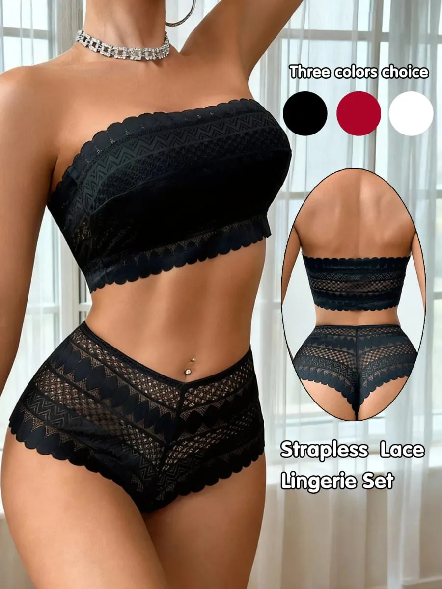 Zestaw biustonoszy bez ramiączek Koronkowy bezprzewodowy komplet biustonosza i majtek bez fiszbin dla kobiet Wygodna bezszwowa bielizna na wesele S-XL — image 1
