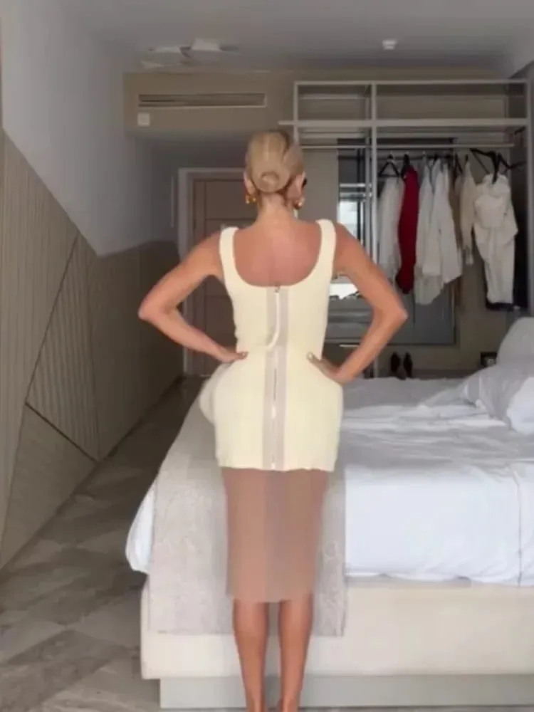 Prążkowana dzianinowa Mini sukienka w połączeniu z siatkową warstwą wewnętrzną kwadratowy dekolt bez rękawów sukienki Slim Fit 2026 Lady seksowna do klubu na imprezę szaty — image 6