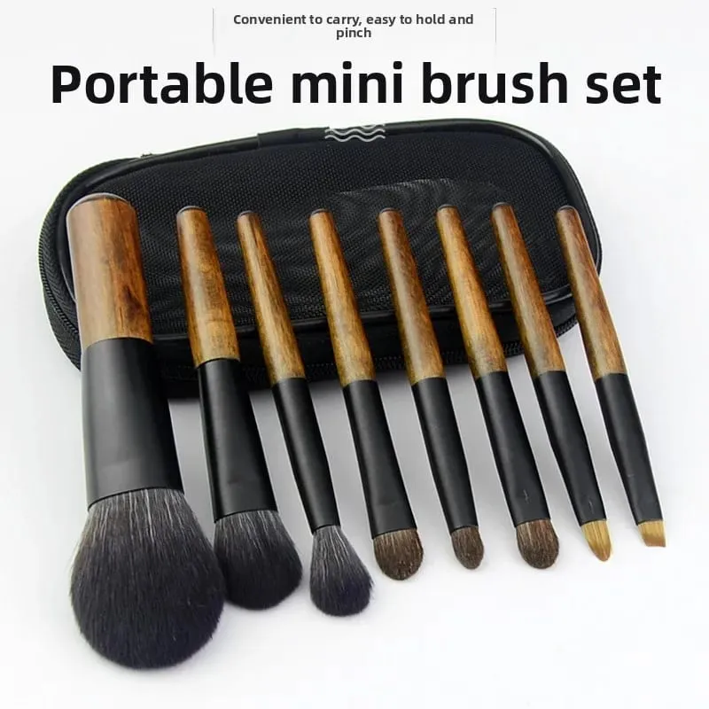8Pcs Mini Travel Makeup Brush Set with Pouch Wooden Handle Cosmetic Brush for Face Powder Blush Highlighter Concealer Eyeshadow — image 1
