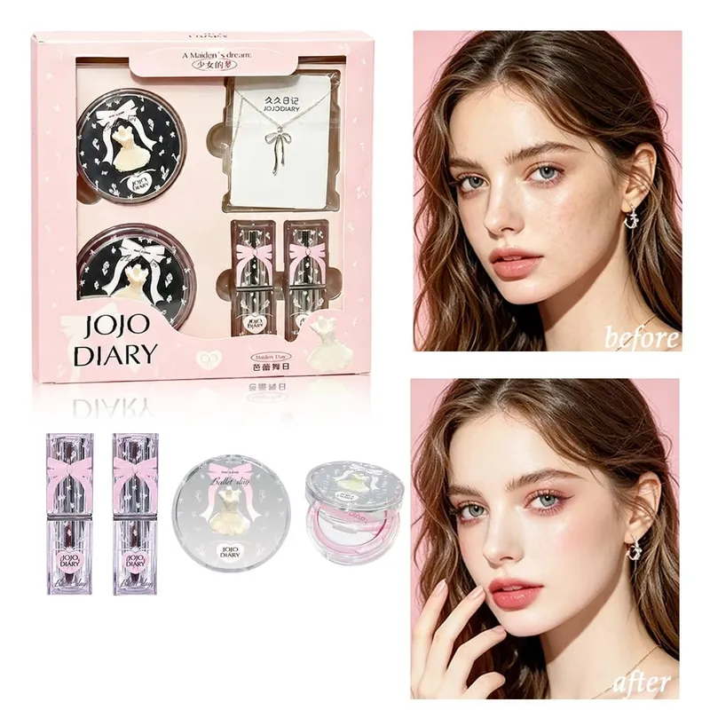 Coffret cadeau de maquillage Ballet Day, kit cosmétique tout-en-un avec fard à joues et rouges à lèvres, collier à nœud, jolie boîte rose