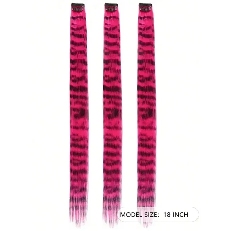 3 pezzi estensioni dei capelli con stampa leopardata striscia sintetica pezzo di capelli stampato clip lunga e dritta colorata nei capelli per le donne ragazze festa — image 3