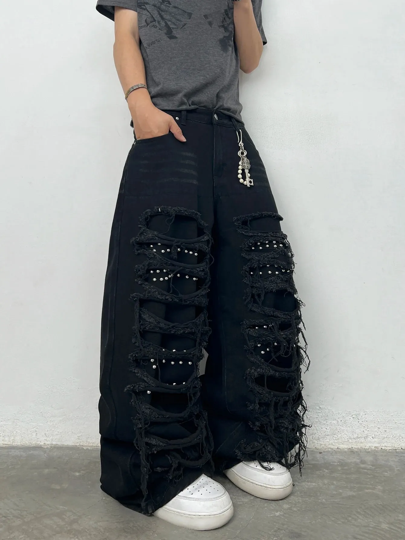 American High Street Hai Lớp Miếng Dán Rách Đính Đá Thiết Kế Nam Màu Đen Quần Jeans Lỏng Lẻo Y2K Đường Phố Hip-Hop Quần Ống Rộng Thời Trang — image 6