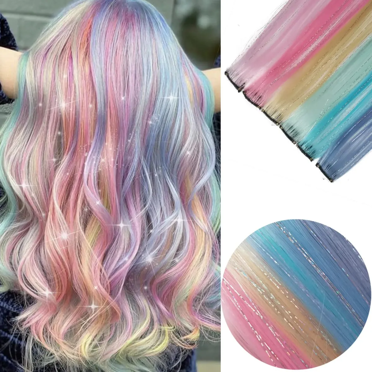 Mehrfarbige Clip-in-Haarverlängerungen, gemischte Lametta, farbige Haarverlängerungen, 2-in-1-Regenbogenhaar mit silbernen Lametta für Kinder und Mädchen — image 8