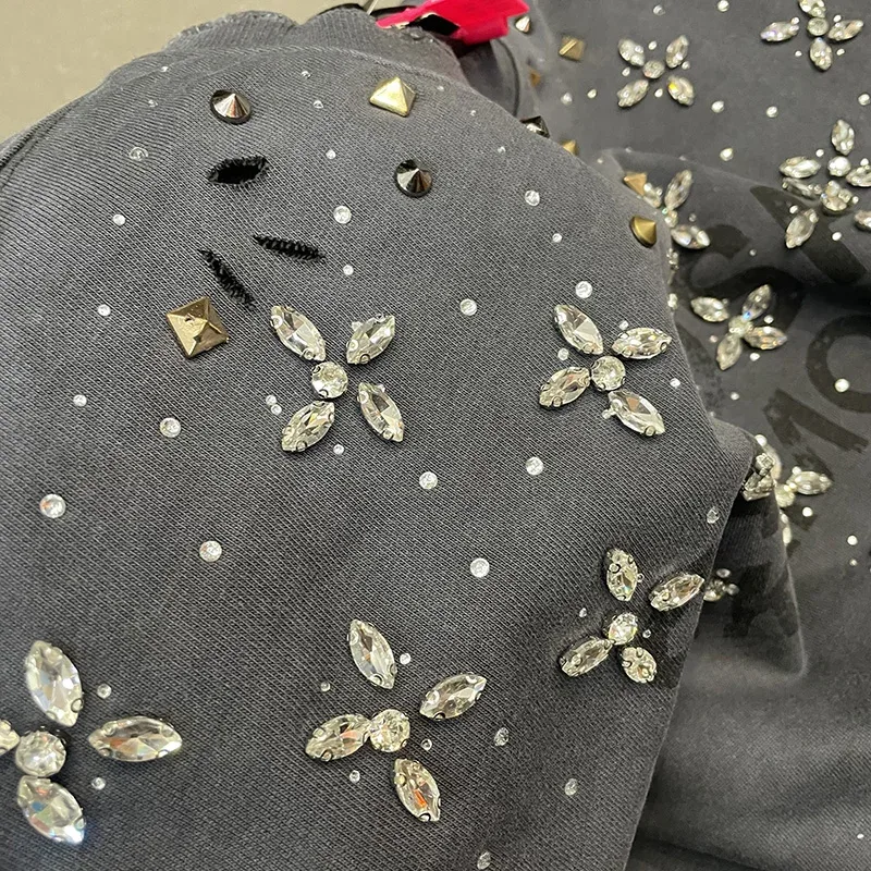 26FW Heavy Fabric Cotton Loose Rhinestone Rivet Satoshi Nakamoto Sweatshirts Men Women Vintage Charcoal Gray Green Pullovers — image 8