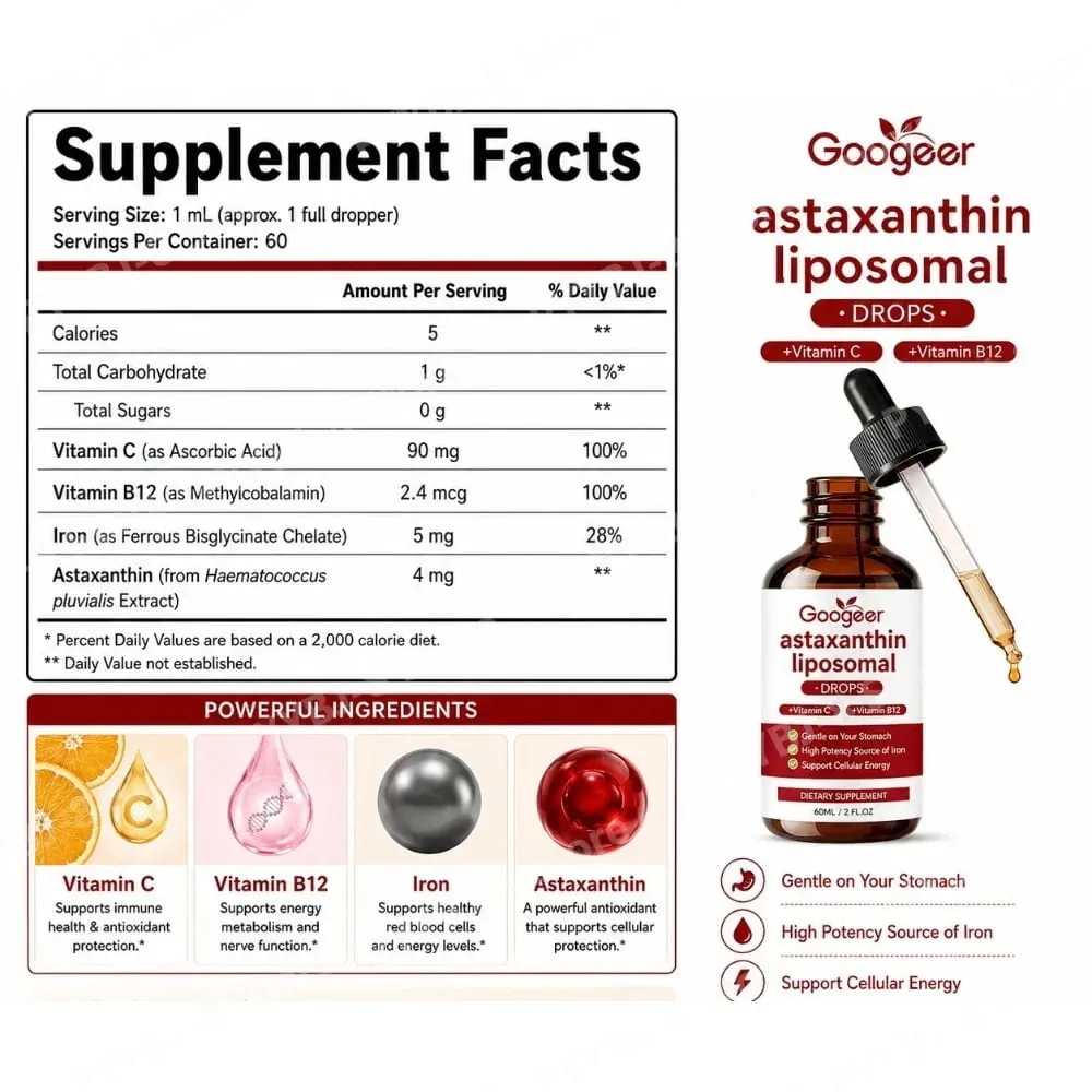 Googeer Liposomal Astaxanthin Drops with Vitamin C To Support Iron Absorption Vitamin B12 for Blood and Nerve Health 60 ML — image 5