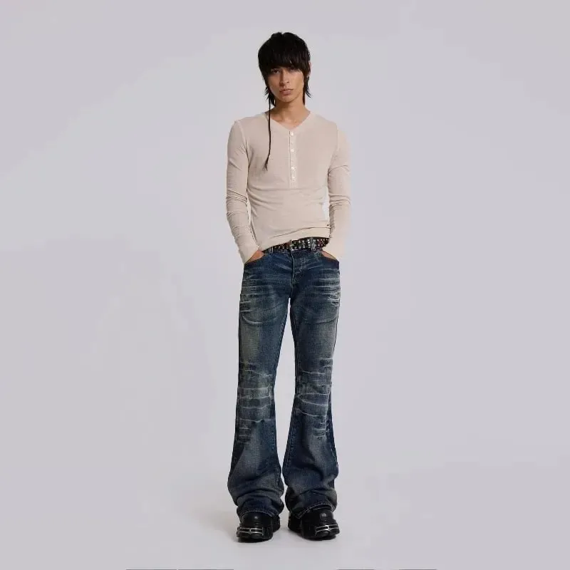 Y2K 미드 블루 플레어 청바지 빈티지 씻어 남성 여성 부츠 컷 청바지 고딕 하이 스트리트 유니섹스 streetwear 레트로 헐렁한 넓은 다리 바지 — image 4