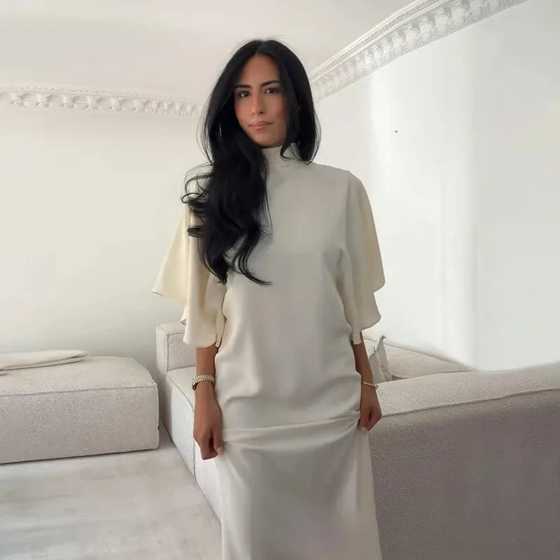 Robe Maxi en Satin uni pour femmes, col haut, manches chauve-souris, coupe ample, fente avant, tenue de soirée élégante, été, 2026 — image 8