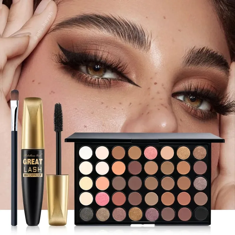 3pcs Set Solek untuk 40 Warna Palet Pembayang Mata Pelangi+Maskara Hitam dengan 1pc Berus 3 Dalam 1 Kit Solek Untuk Pesta Harian Harian — image 5
