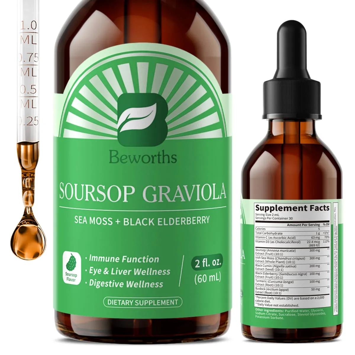 Extrait naturel de corossol graviola goutte soutien immunité et santé digestive détox et nettoyage sans gluten sans sucre — image 1