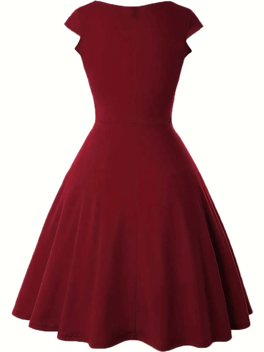 Damen-Kleid, elegant, Rundhalsausschnitt, Sommer, kurzärmelig, einfarbig, A-Linie, knielang, Kleid mit hoher Taille, für Party, Hochzeit, lässiger Abgang — image 5