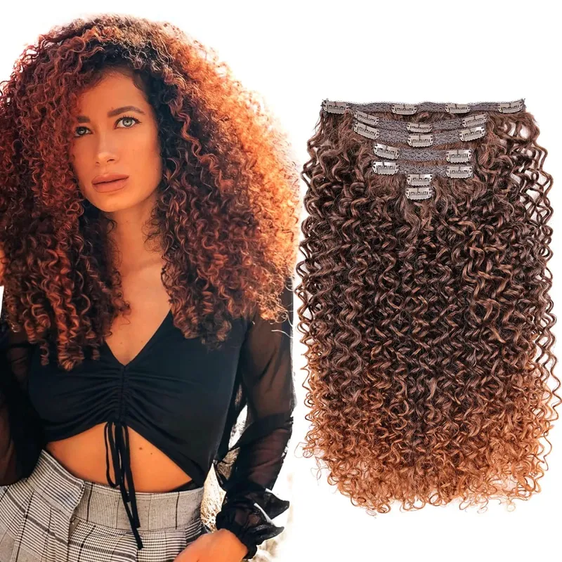 Extension synthétique à Clip pour femmes, Extension de tête complète, longue, crépue et bouclée, faux cheveux, épingle à cheveux noire et brune pour femmes — image 19