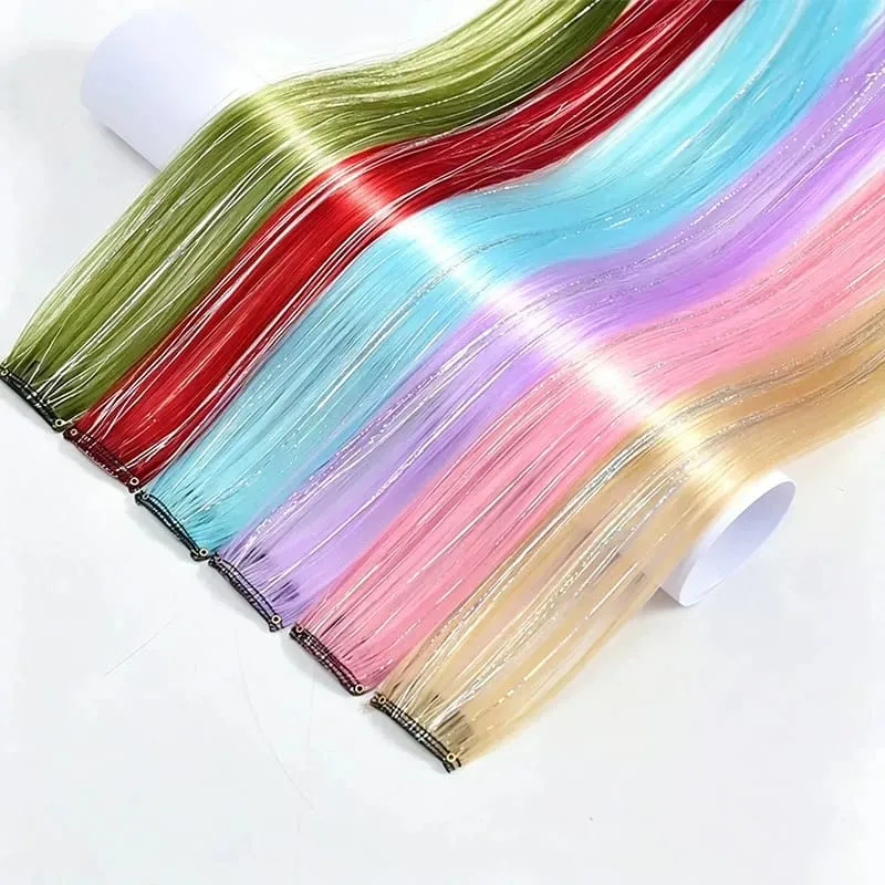 Clip BB nelle estensioni dei capelli sintetici con fili d'argento laser Pezzi di capelli colorati lucenti per l'uso quotidiano delle feste Nessun danno — image 3