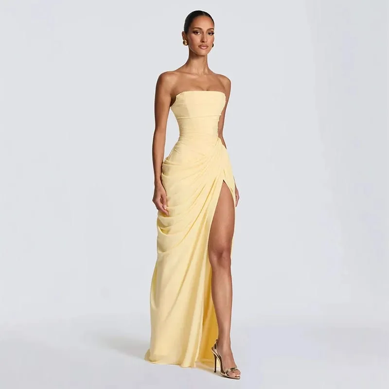 Seksi Pepejal Pleated Strapless Dress Wanita Chic Off-shoulder Backless High Waist Split Dresses Wanita 2026 Baharu Gaun Pesta Petang