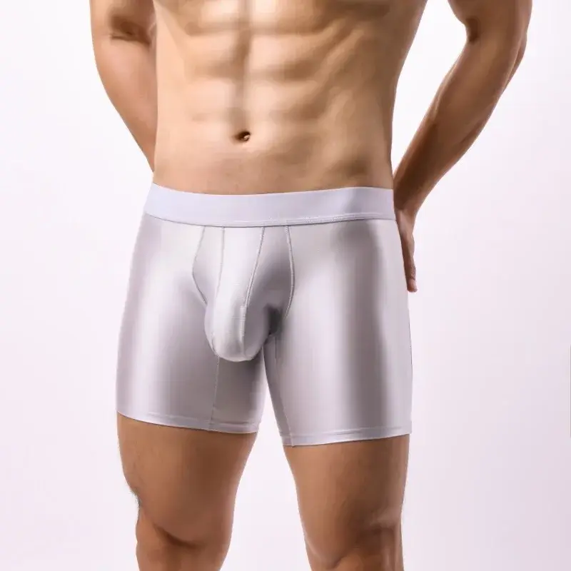 Intimo da uomo liscio e setoso, in raso elasticizzato, boxer a gamba lunga senza cuciture, custodia a tromba, mutande sportive, club party lingerie — image 2