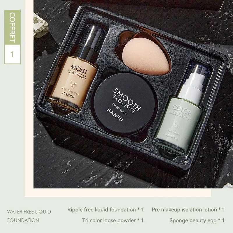 Base at makeup set 4-piece combo pack concealer foundation primer loose powder light makeup para sa natural na hitsura