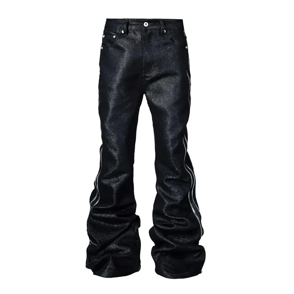 Jeans bootcut con trama metallica intrecciata in filo d'argento di alta qualità Jeans impilati punk gotico con doppie cerniere laterali da uomo