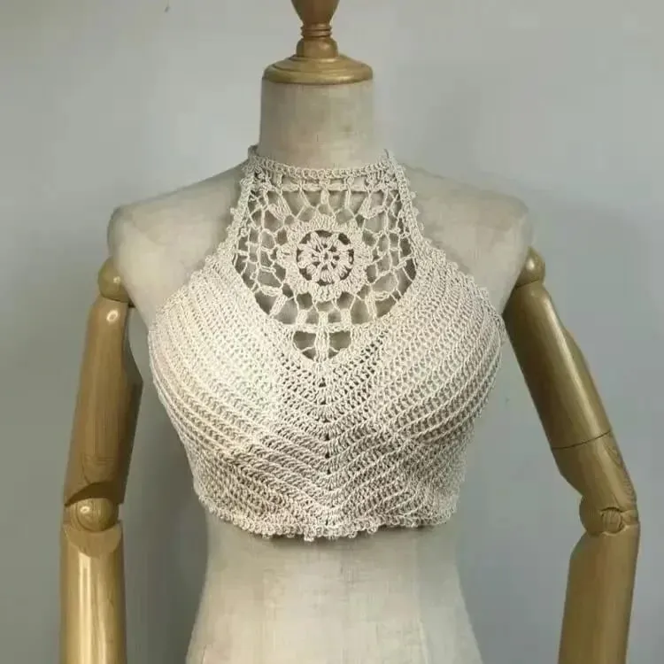 Atasan Tanaman Retro Liar Berongga Perspektif Rumbai Seksi Tali Spaghetti Tanke Top Wanita Terbina Dalam Bra Baharu Belakang Renda Halter Leher — image 16